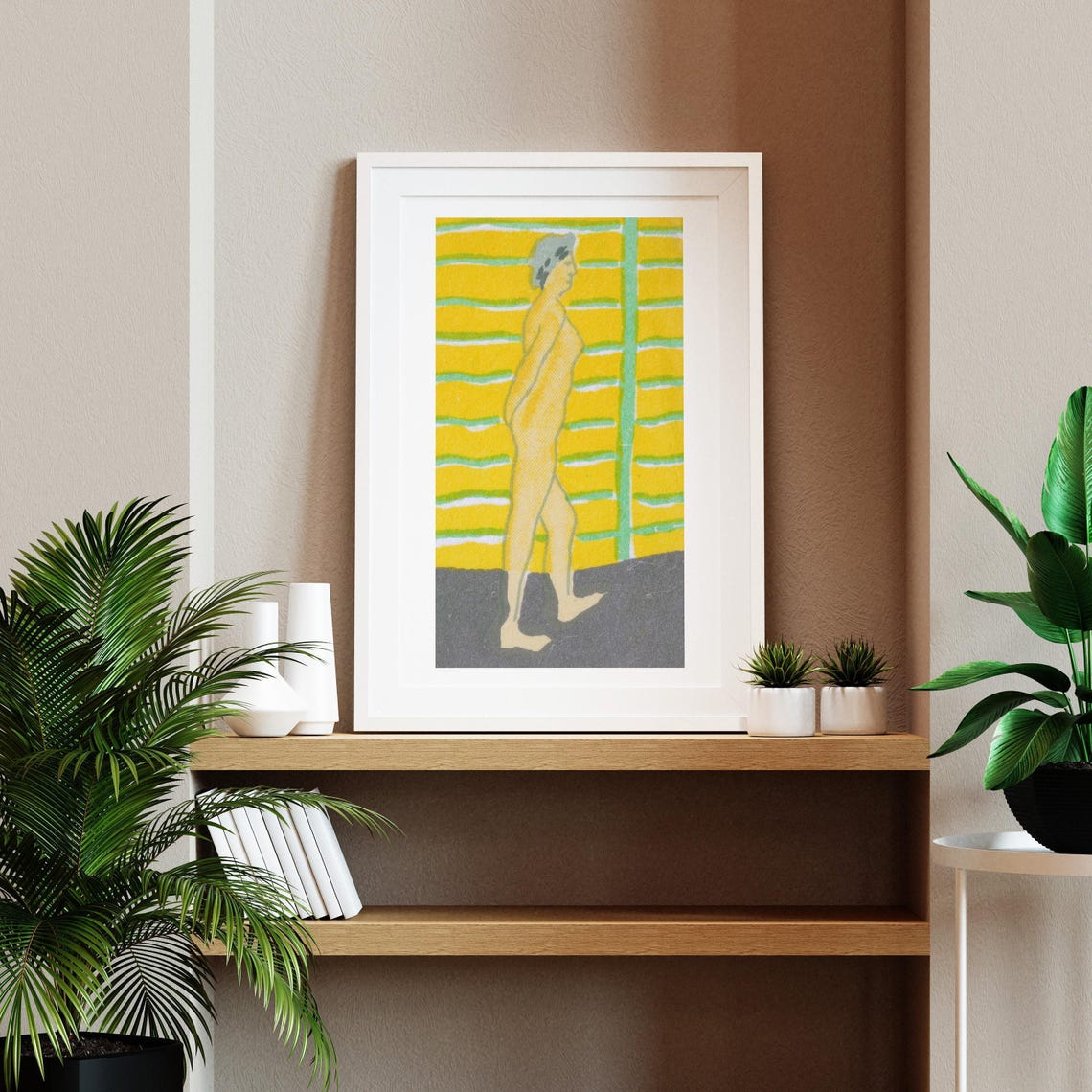 Walking Woman Yellow Green Stylized Figure Vintage Art Print - Image 2