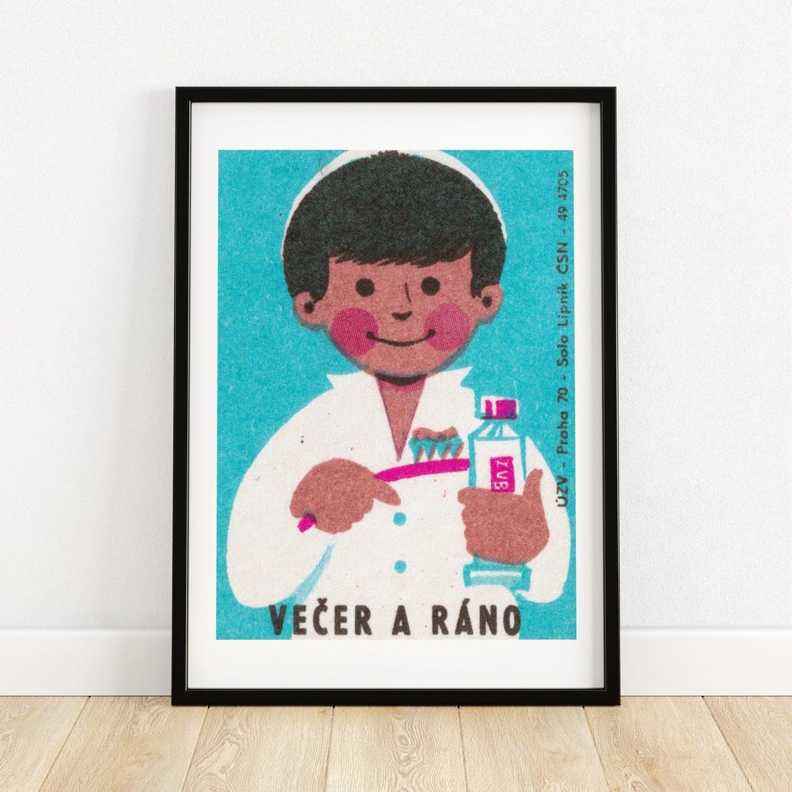 Czech Evening Morning Boy Brushing Teeth Dental Hygiene Art Poster