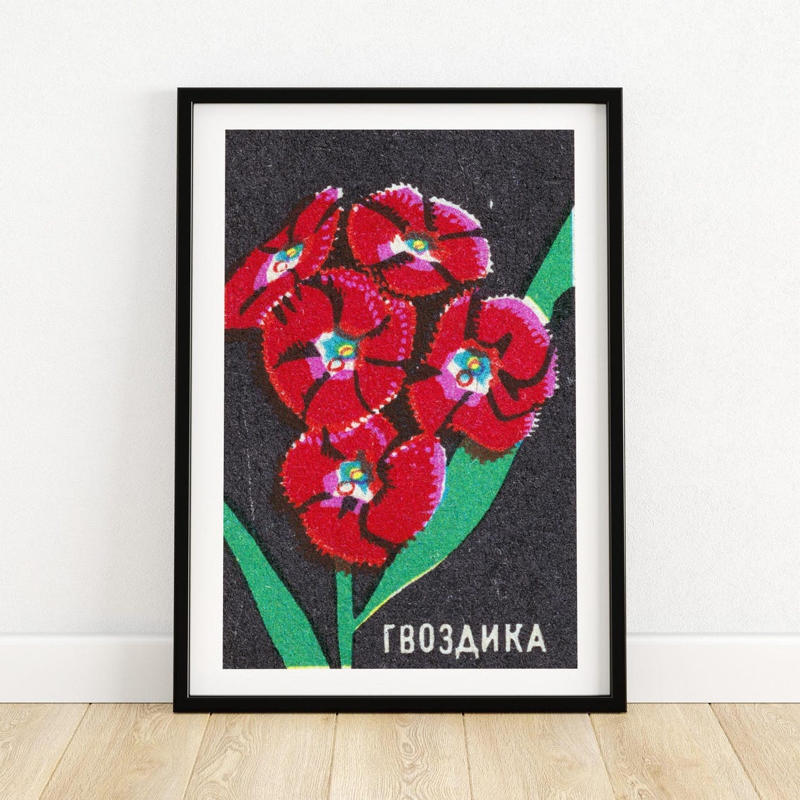 Soviet Carnation Flower Matchbox Red Floral Vintage Botanical Poster