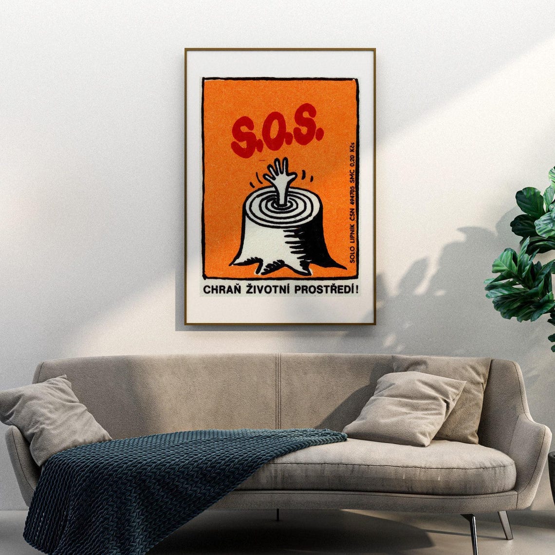 SOS Tree Stump Vintage Czech Environmental Matchbox Label Poster - Image 3