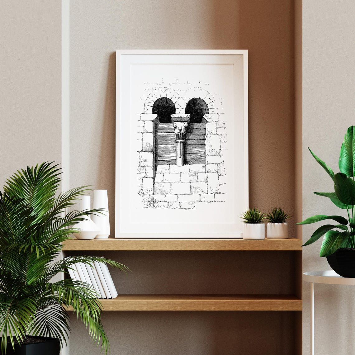 Boarded Up Romanesque Stone Window Architectural Illustration Poster - Image 2