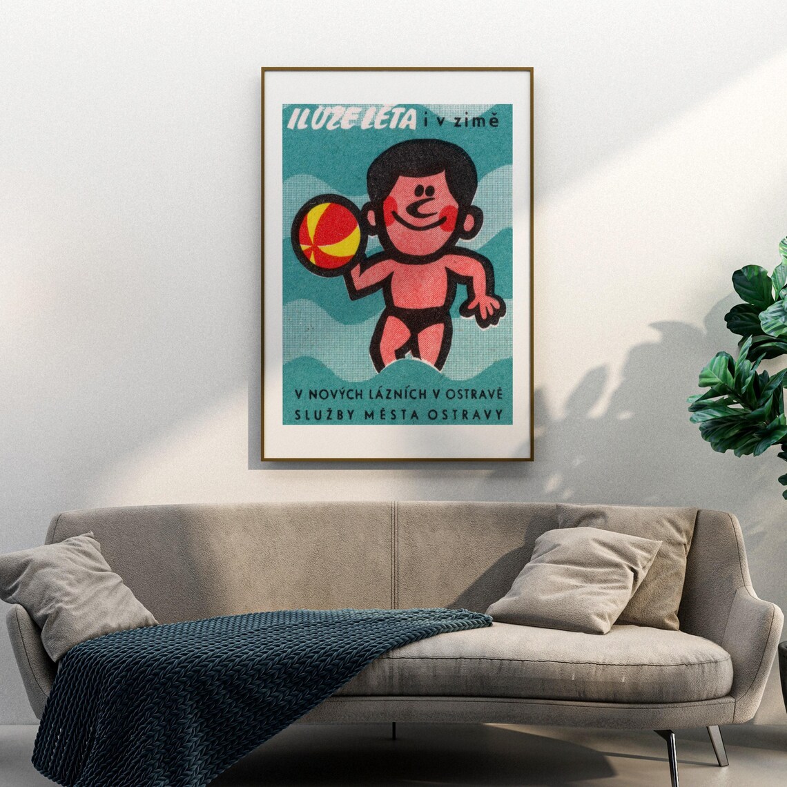 Summer Illusion Winter Boy Beach Ball Vintage Ostrava Baths Advertising Poster - Image 3
