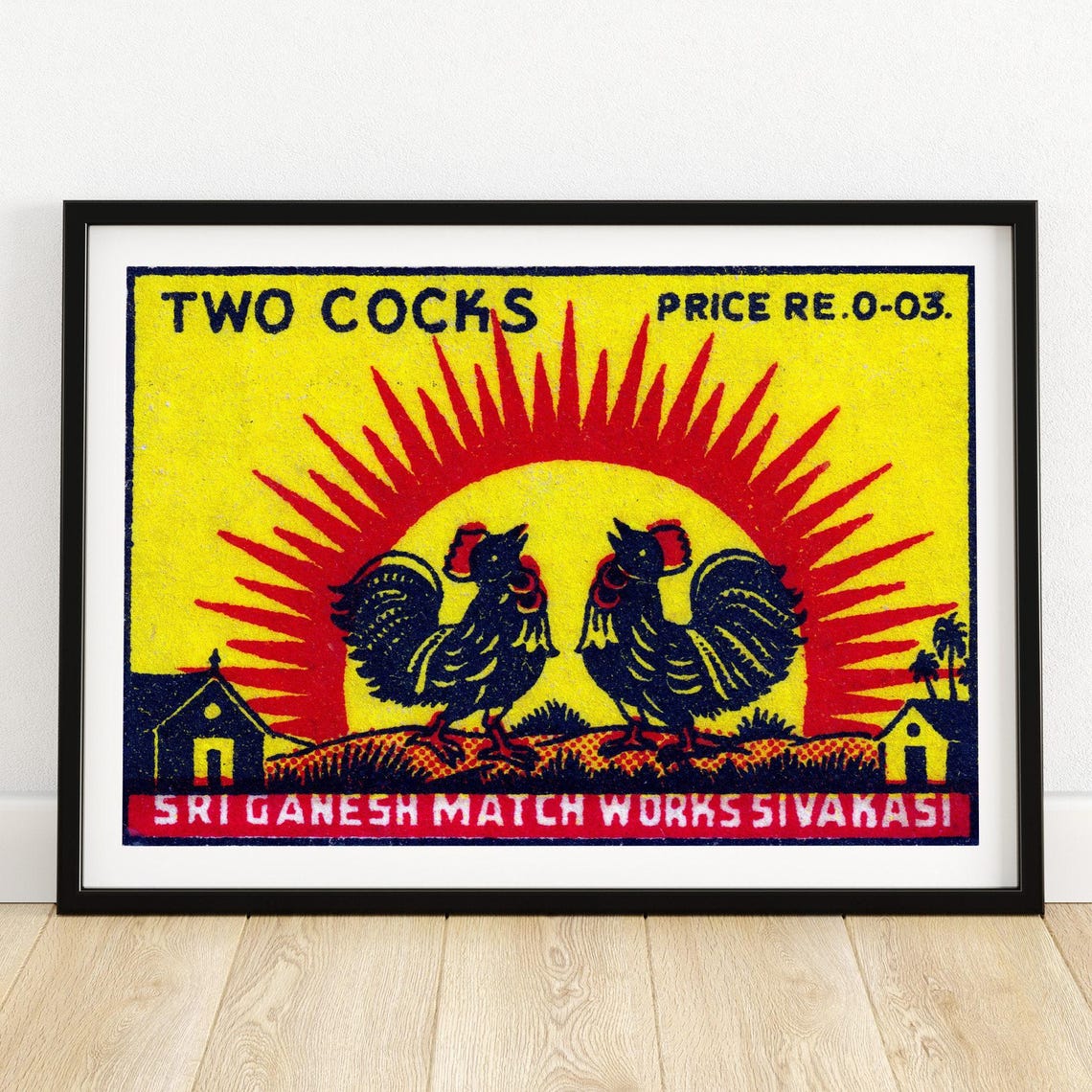 Two Cocks Roosters Blazing Sunrise Vintage India Match Label Poster