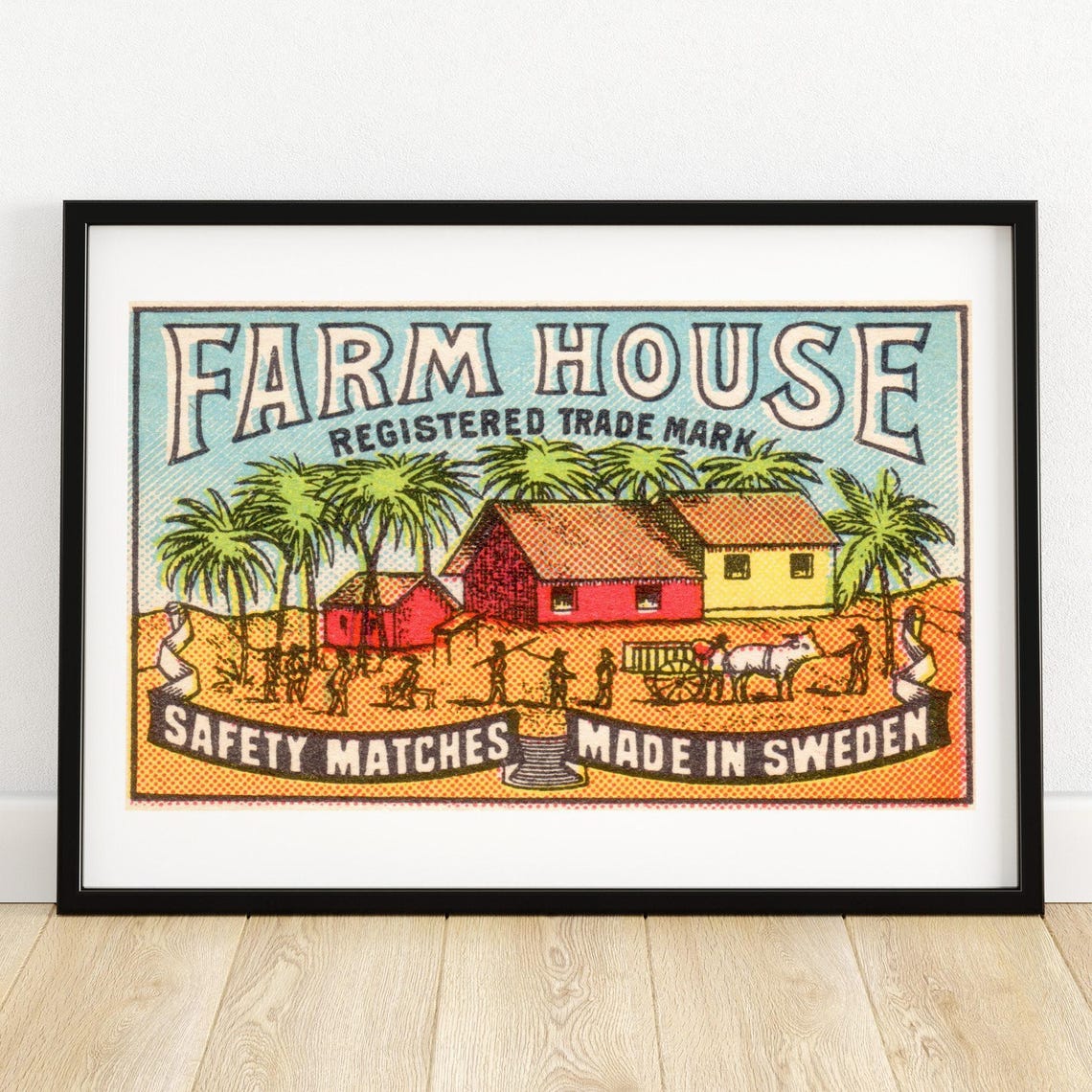 Farm House Swedish Safety Matches Vintage Label Art Poster Red