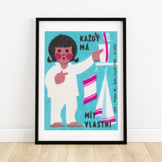 Czech Girl Toothbrush Hygiene Cartoon Vintage Matchbox Label Art Poster