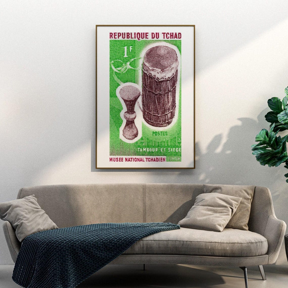 Chad Drum and Stool National Museum Vintage Stamp Art Poster - Image 3