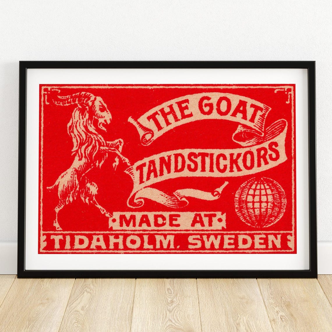 The Goat Red Swedish Matchbox Label Tidaholm Vintage Art Poster