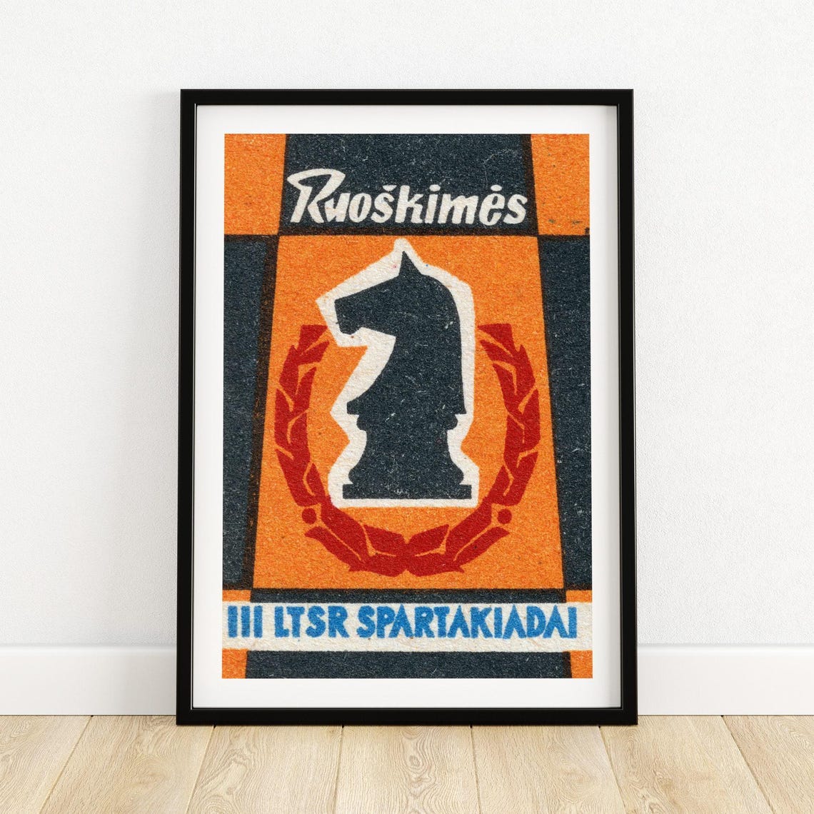 Lithuanian Spartakiad Chess Knight Laurel Wreath Orange Vintage Poster