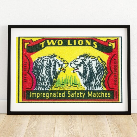 Two Lions Facing Roaring Vintage Yugoslav Matchbox Label Poster