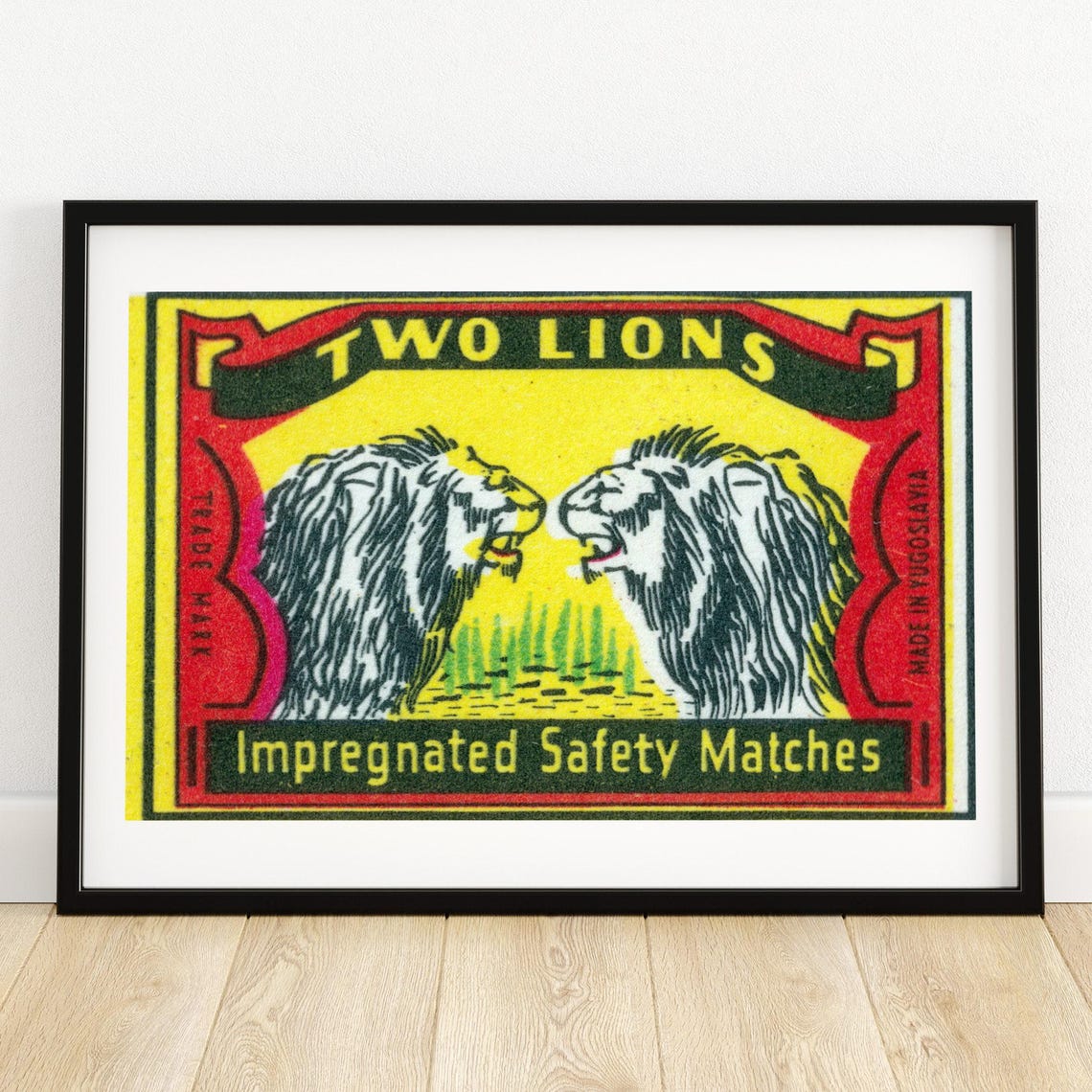 Two Lions Facing Roaring Vintage Yugoslav Matchbox Label Poster
