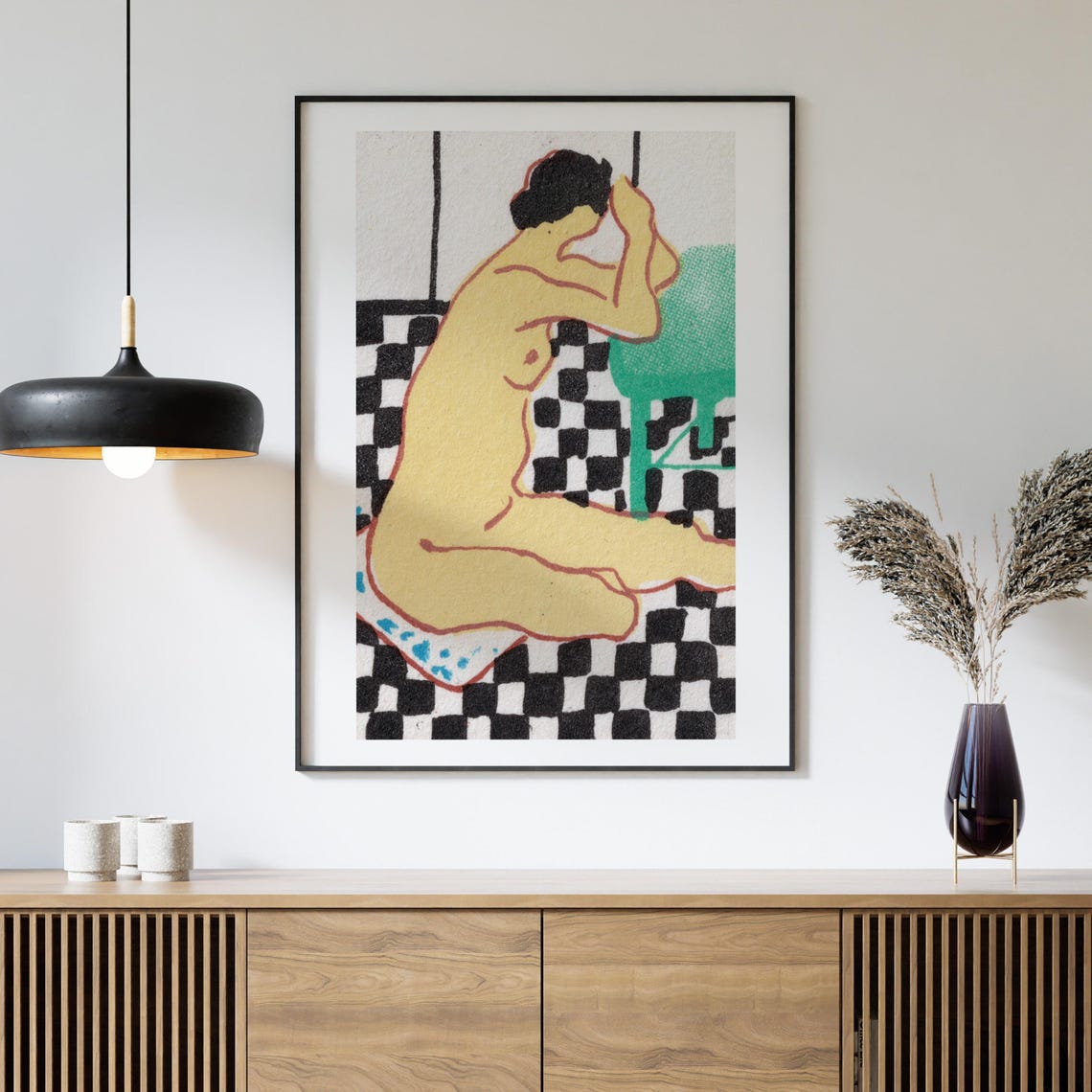 Seated Nude Woman Checkered Floor Vintage Figurative Art Print - Image 4