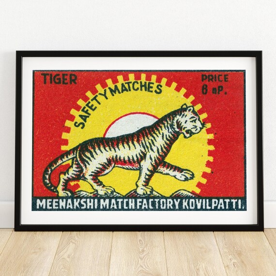 Tiger Safety Matches Vintage Indian Matchbox Label Wild Poster