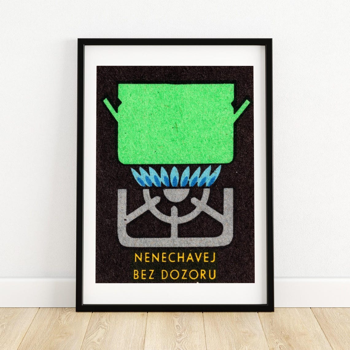 Green Pot On Gas Stove Blue Flame Czech Matchbox Safety Art Poster