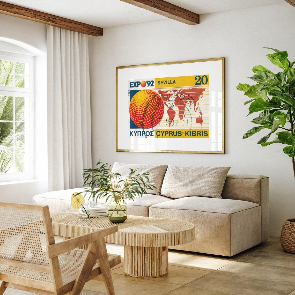 Expo 92 Sevilla Cyprus World Map Vintage Postage Stamp Art Poster - Image 4