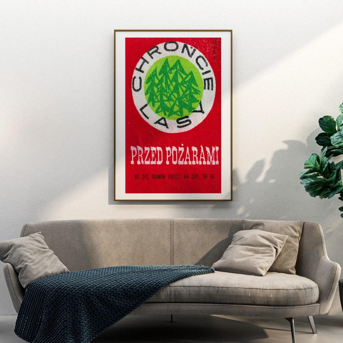 Polish Vintage Red Forest Fire Protection Pine Matchbox Label Poster - Image 3