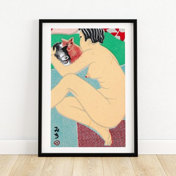 Japanese Woman Cuddling Cats Woodblock Style Nude Figure Wall Art