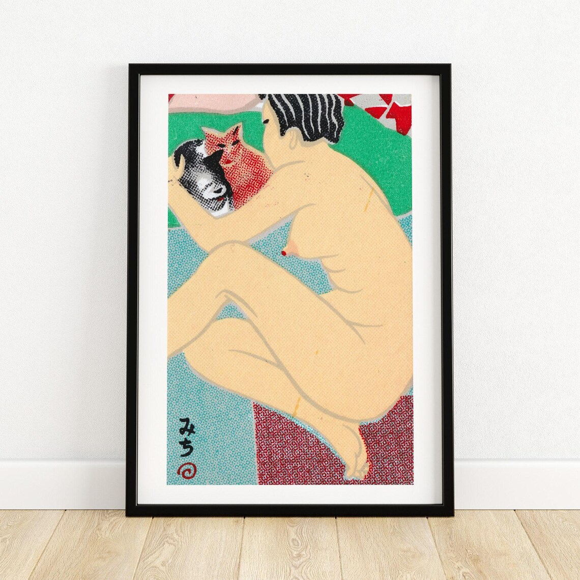 Japanese Woman Cuddling Cats Woodblock Style Nude Figure Wall Art