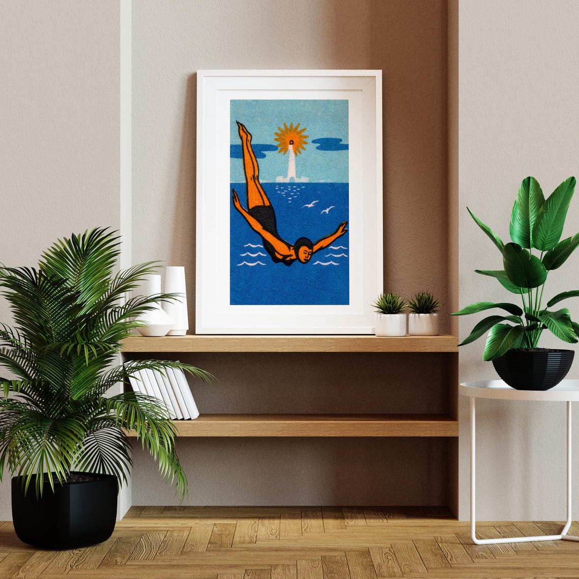 The Diver Lighthouse Sun Blue Vintage Matchbox Art Poster Sea - Image 2