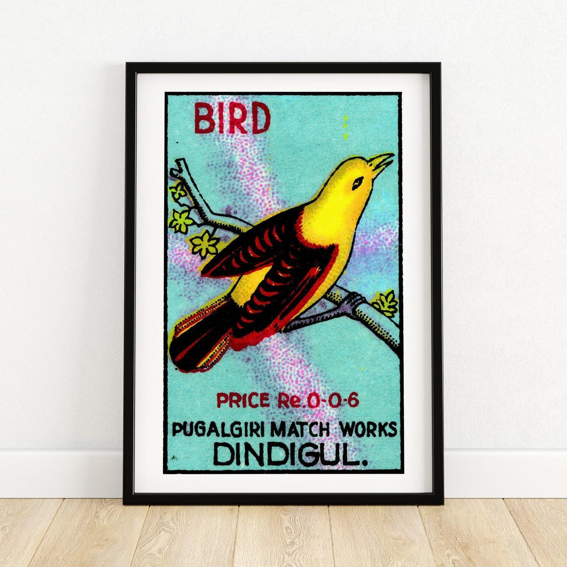 Bird Yellow Songbird on Blossom Branch Vintage India Match Poster