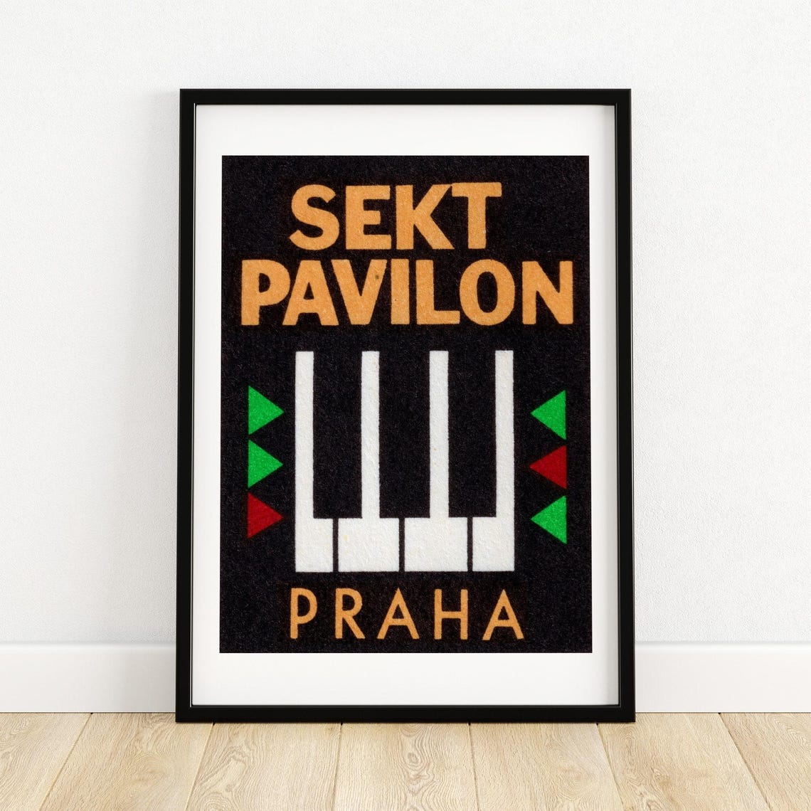 Sekt Pavilon Praha Piano Keys Black Gold Czech Matchbox Art Poster