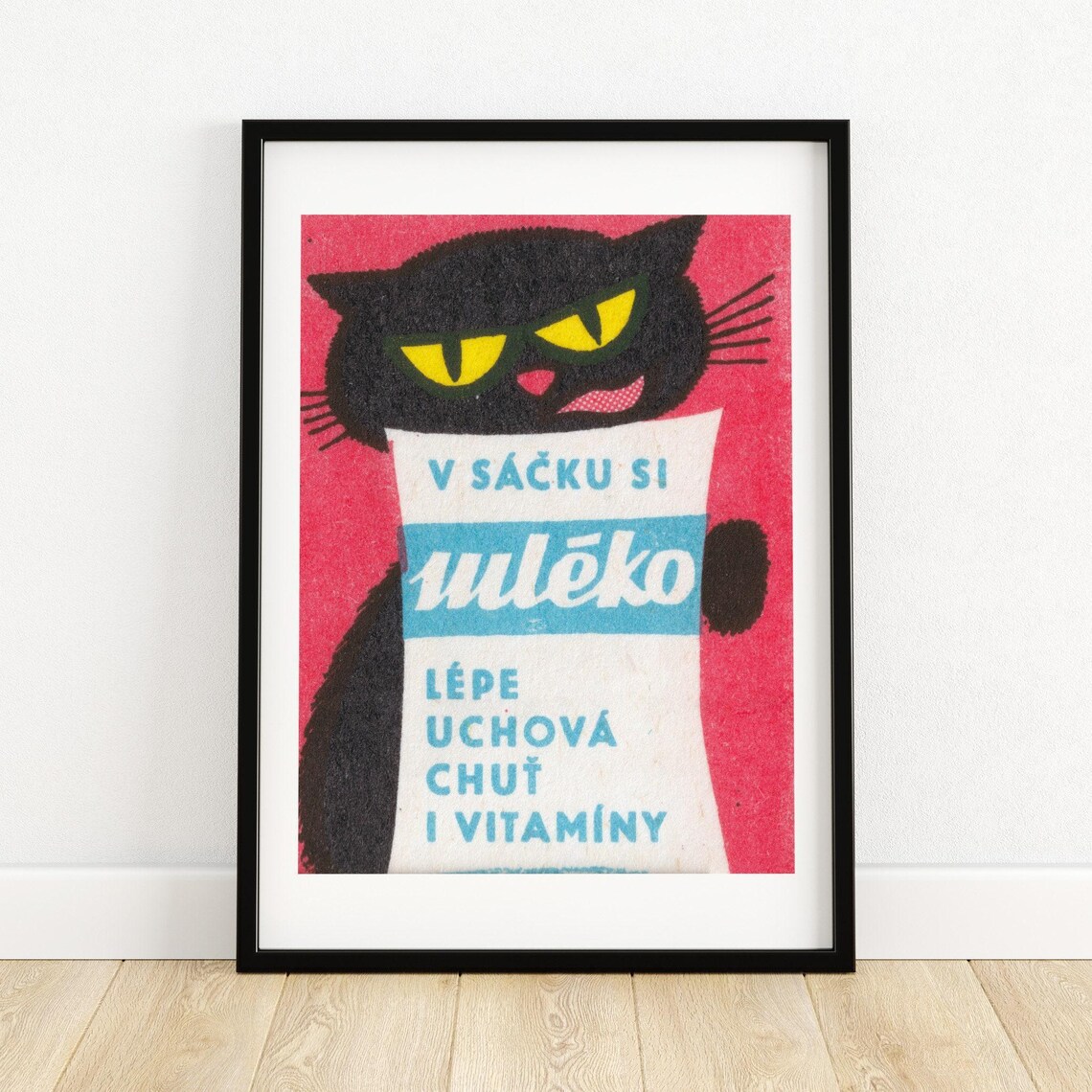 Black Cat With Milk Bag Czech Matchbox Label Pink Funny Vintage Cat Poster