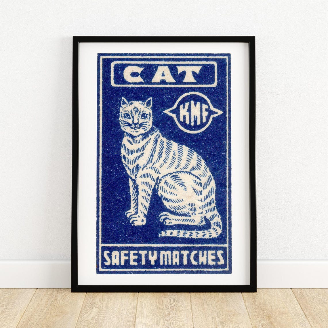 Cat KMF Vintage Safety Matches Blue Graphic Label Art Poster