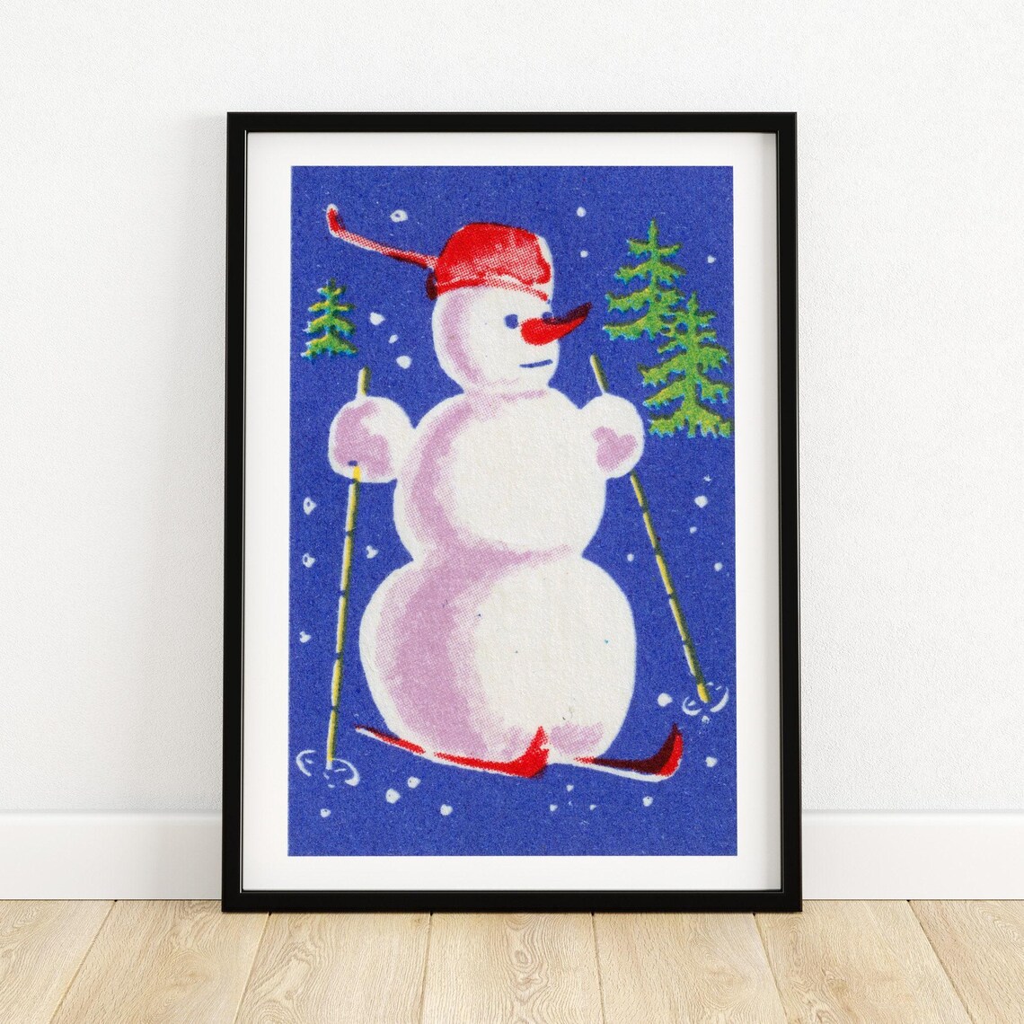 Skiing Snowman Red Cap Winter Night Vintage Christmas Matchbox Poster