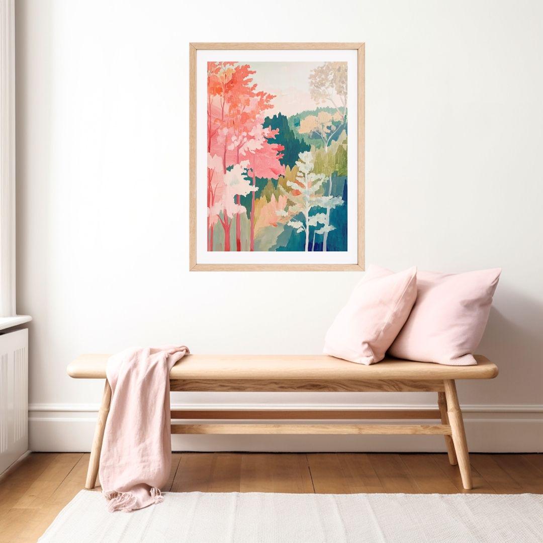 Coral Pink and Teal Abstract Autumn Forest Trees Landscape Poster - Image 2