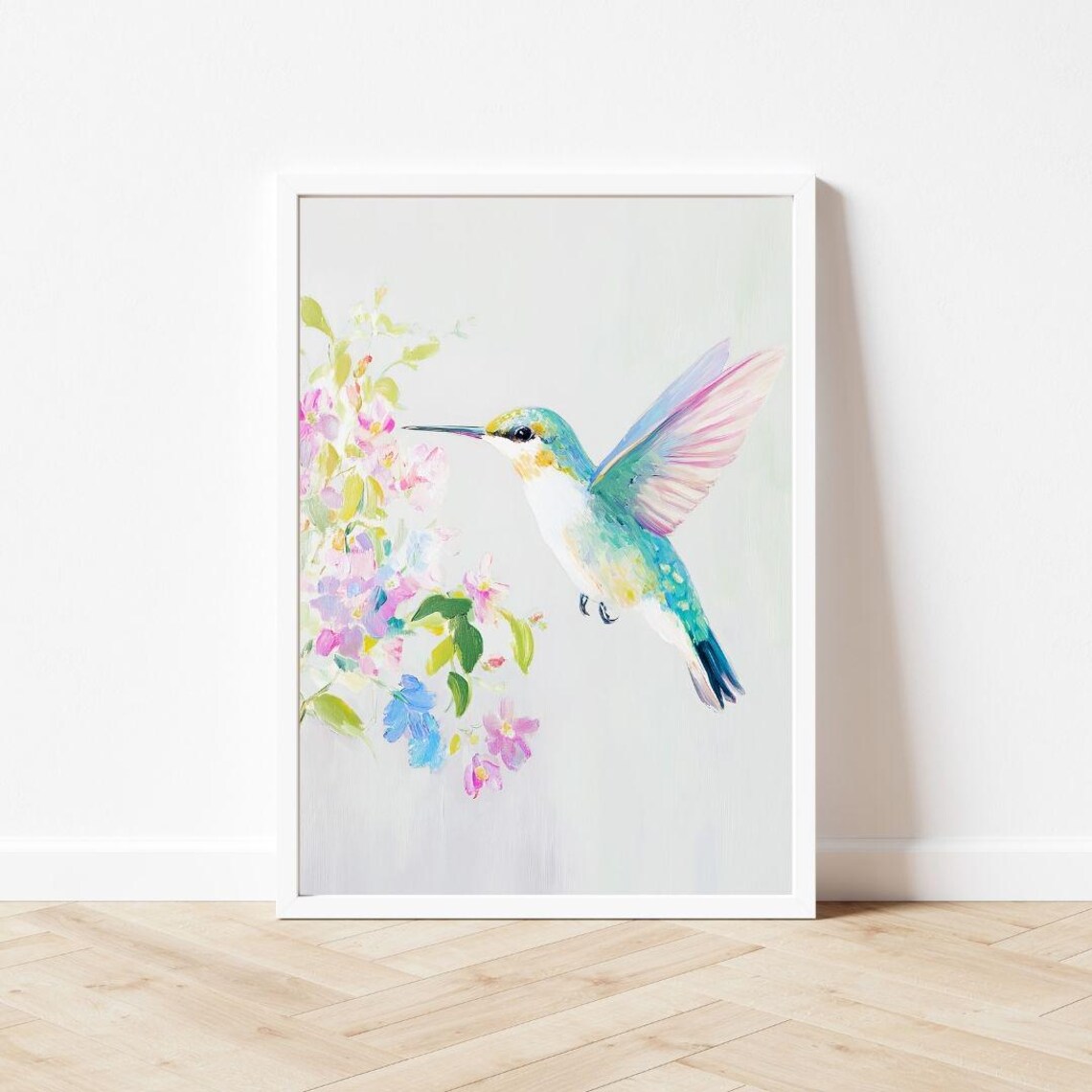 Hummingbird and Flowers Spring Watercolor Art Print - Image 3