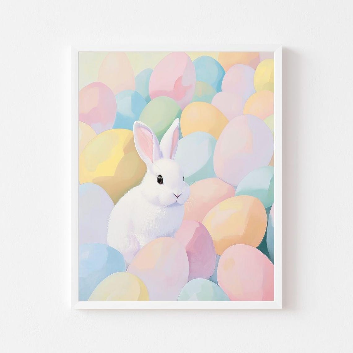 Cute White Bunny Among Pastel Easter Eggs Spring Painting Poster