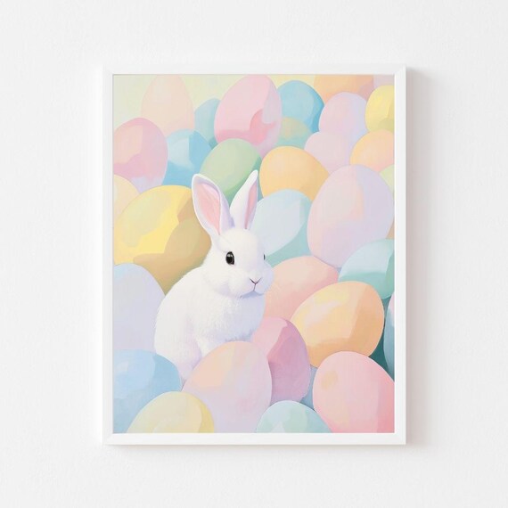 Cute White Bunny Among Pastel Easter Eggs Spring Painting Poster