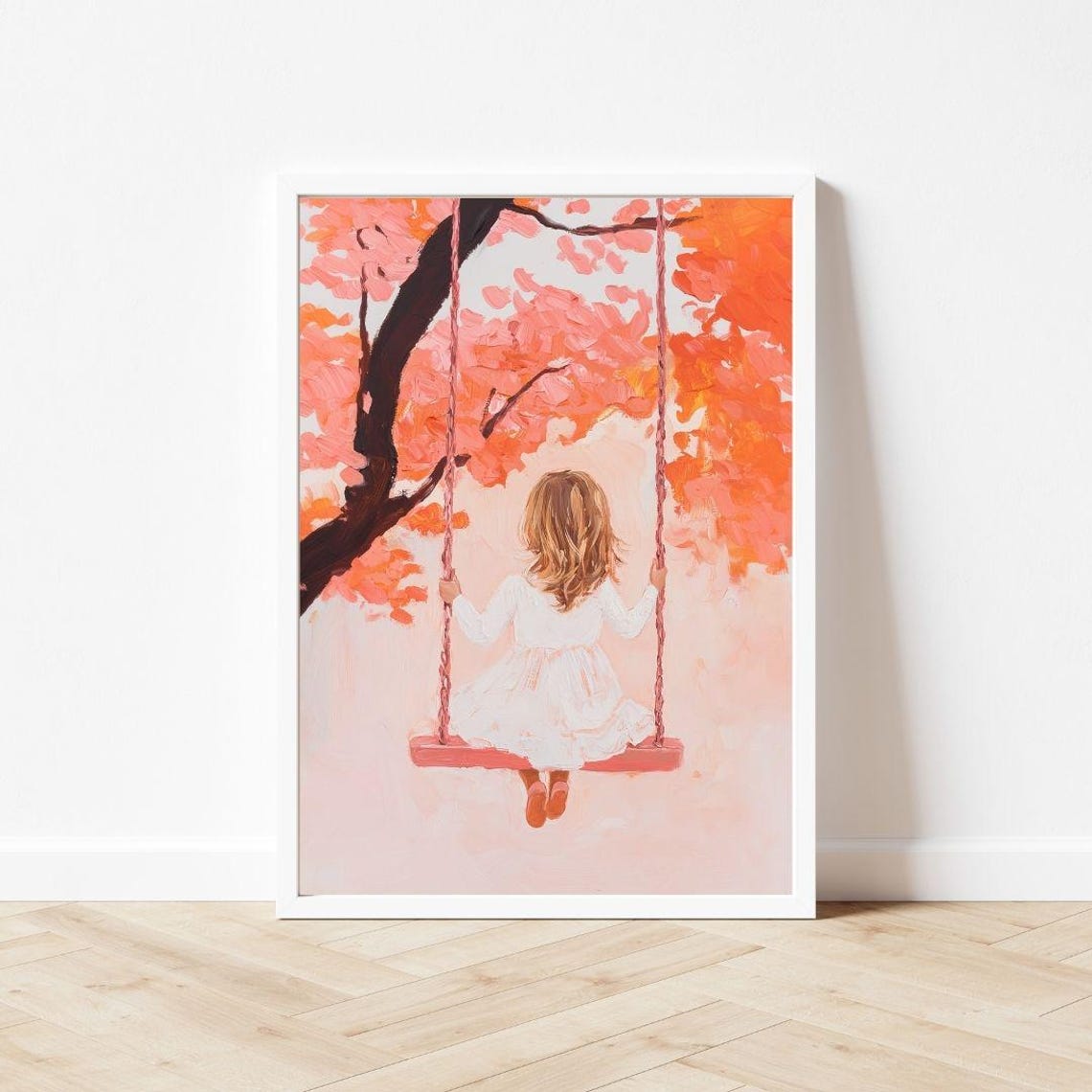 Little Girl On A Tree Swing Under Pink Blossom Canopy Art Poster - Image 3