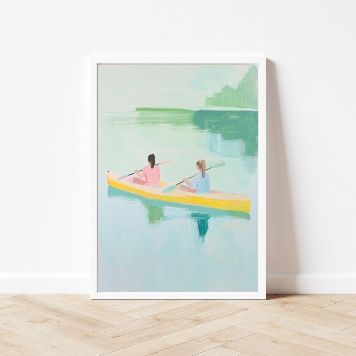Two Girls In Yellow Kayak On Lake Pastel Summer Painting Wall Poster - Image 3