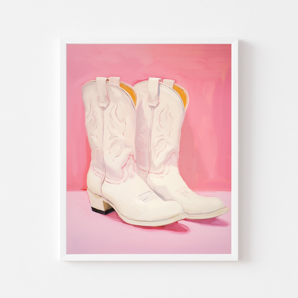 White Cowgirl Boots Painting, Pink Western Room Art Print