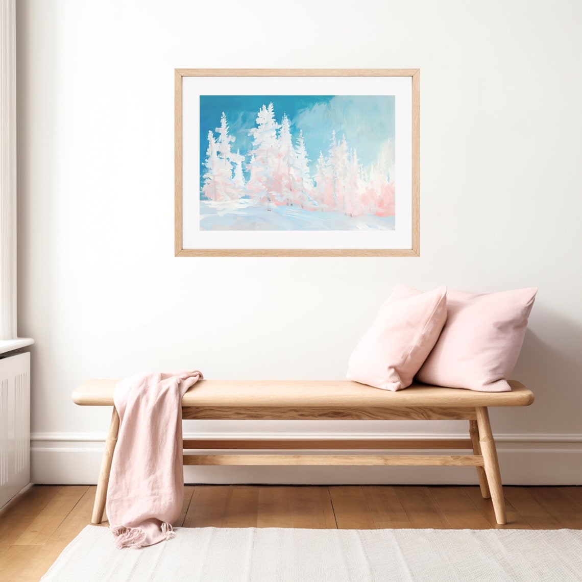 Pink Blue Winter Forest Painting Pastel Snowy Trees Wall Art Print Colorful Finland Cold Weather Landscape - Image 2