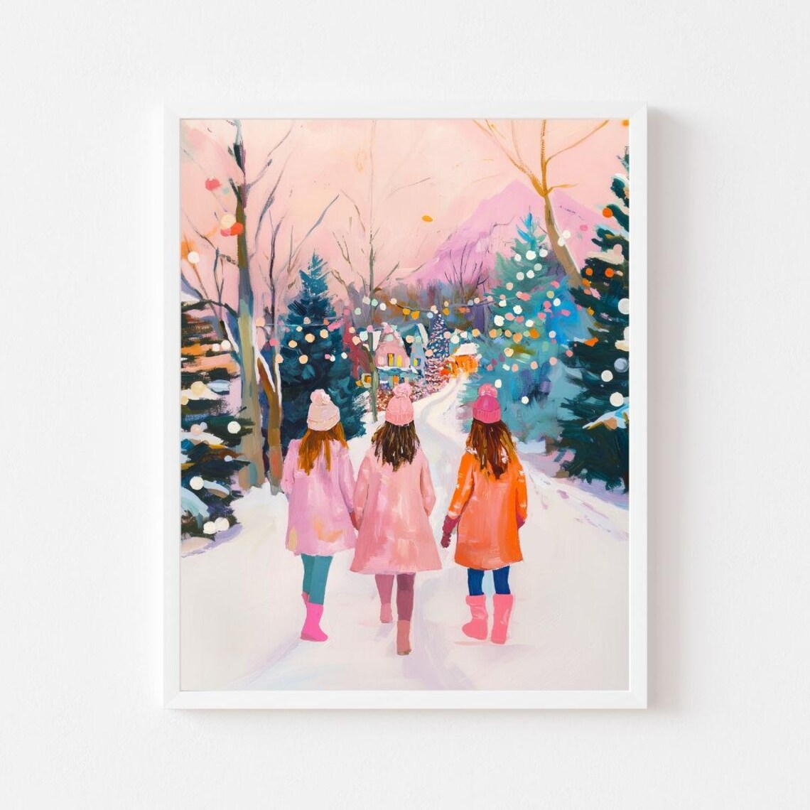 Three Girls in Christmas Village Holiday Art Print