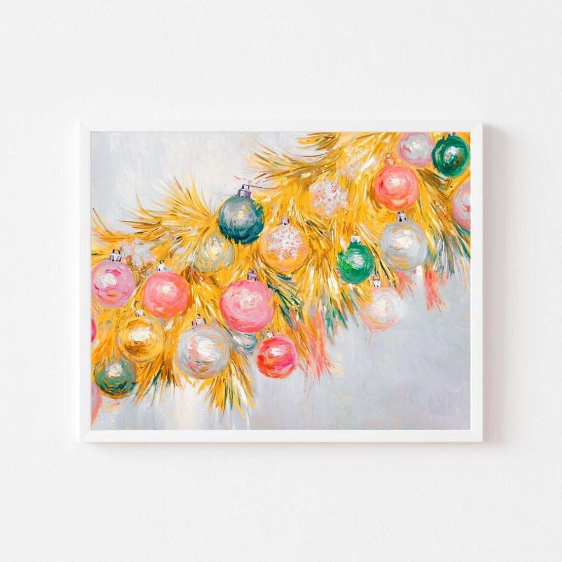 Gold Tinsel Christmas Garland With Retro Colorful Ornaments Poster