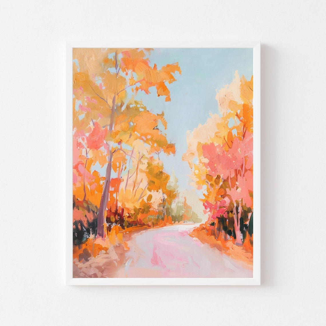 Winding Autumn Road Through Orange And Pink Fall Trees Art Poster