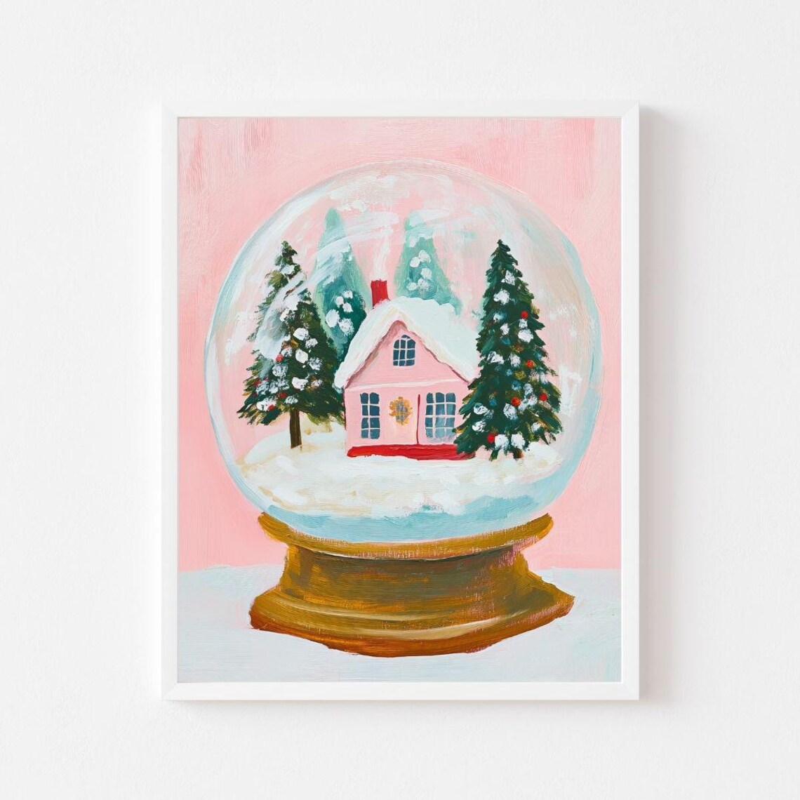 Pink Snow Globe With Christmas House And Trees Pastel Painting Poster