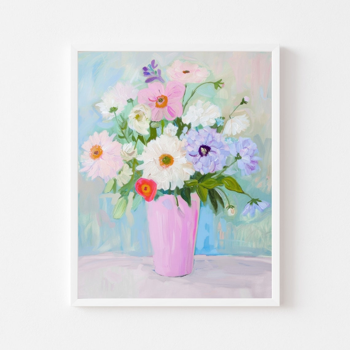 Pastel Daisy and Dahlia Bouquet in Pink Vase Spring Floral Poster