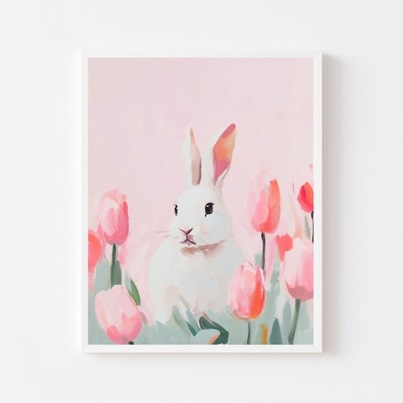 Sweet White Bunny Among Pink Tulips Pastel Spring Animal Poster