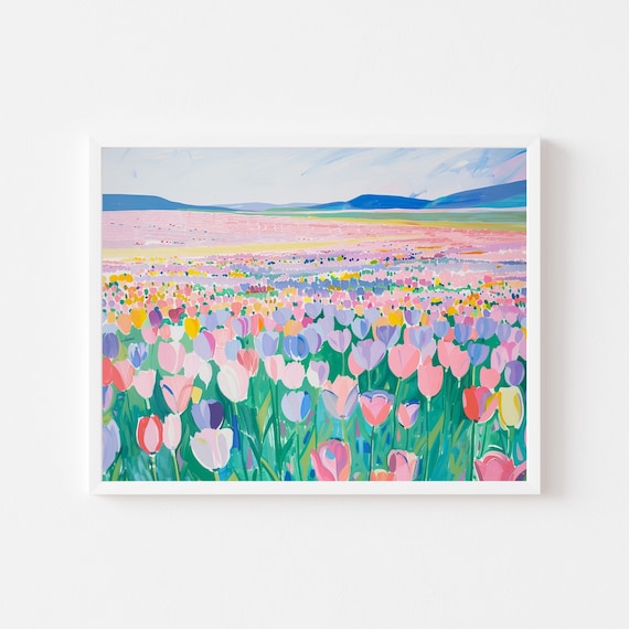 Pastel Tulip Field Painting, Spring Landscape Art Print
