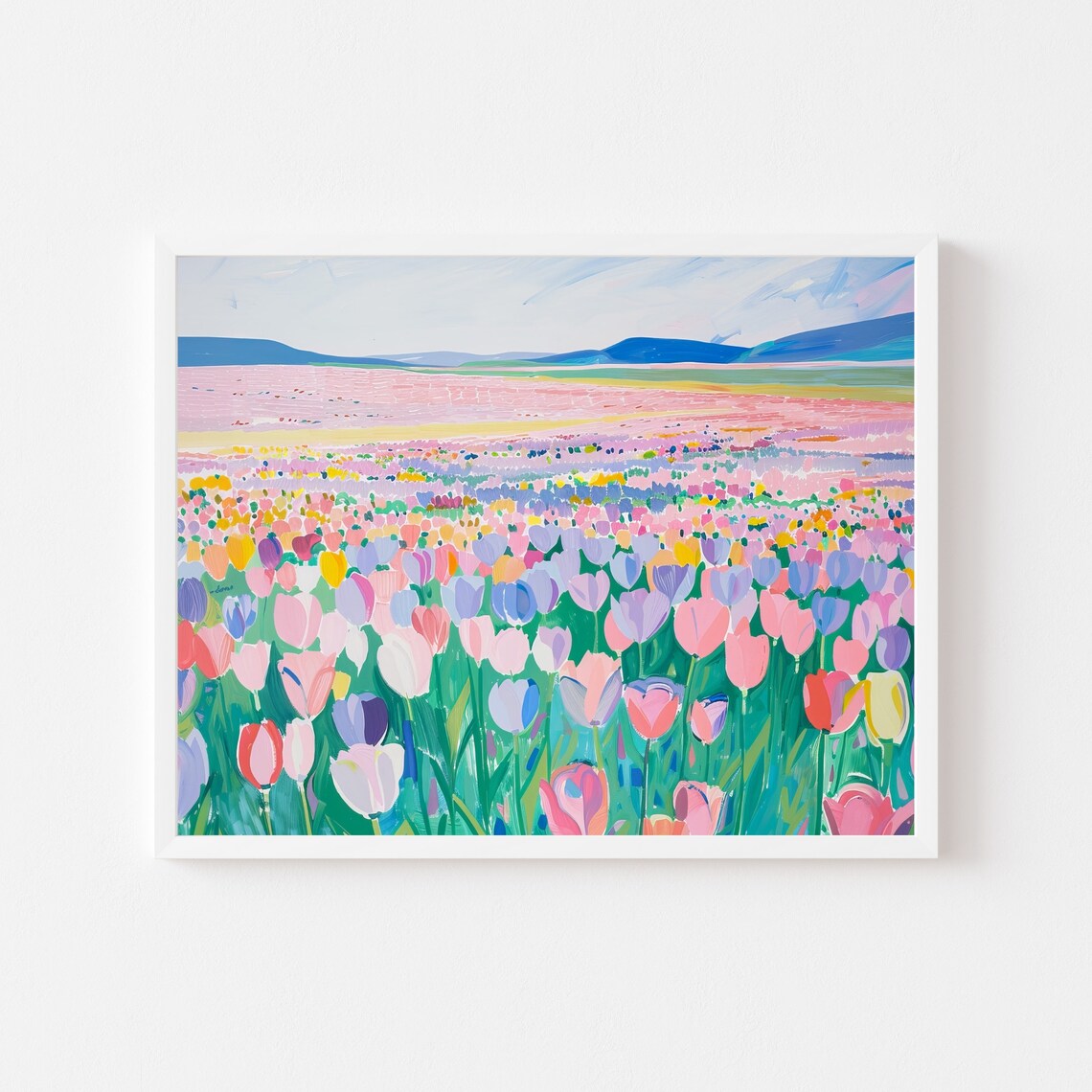 Pastel Tulip Field Painting, Spring Landscape Art Print