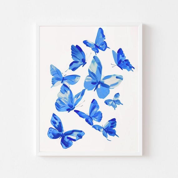 Blue Butterfly Painting Insect Art Print Girly Tween Wall Decor Colorful Animal Watercolor Kids Room