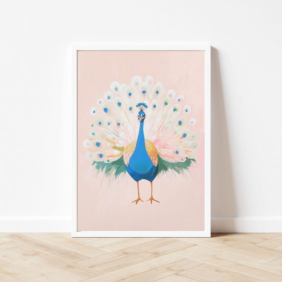 Pastel Pink Peacock Painting Colorful Feathered Bird Display Poster - Image 3