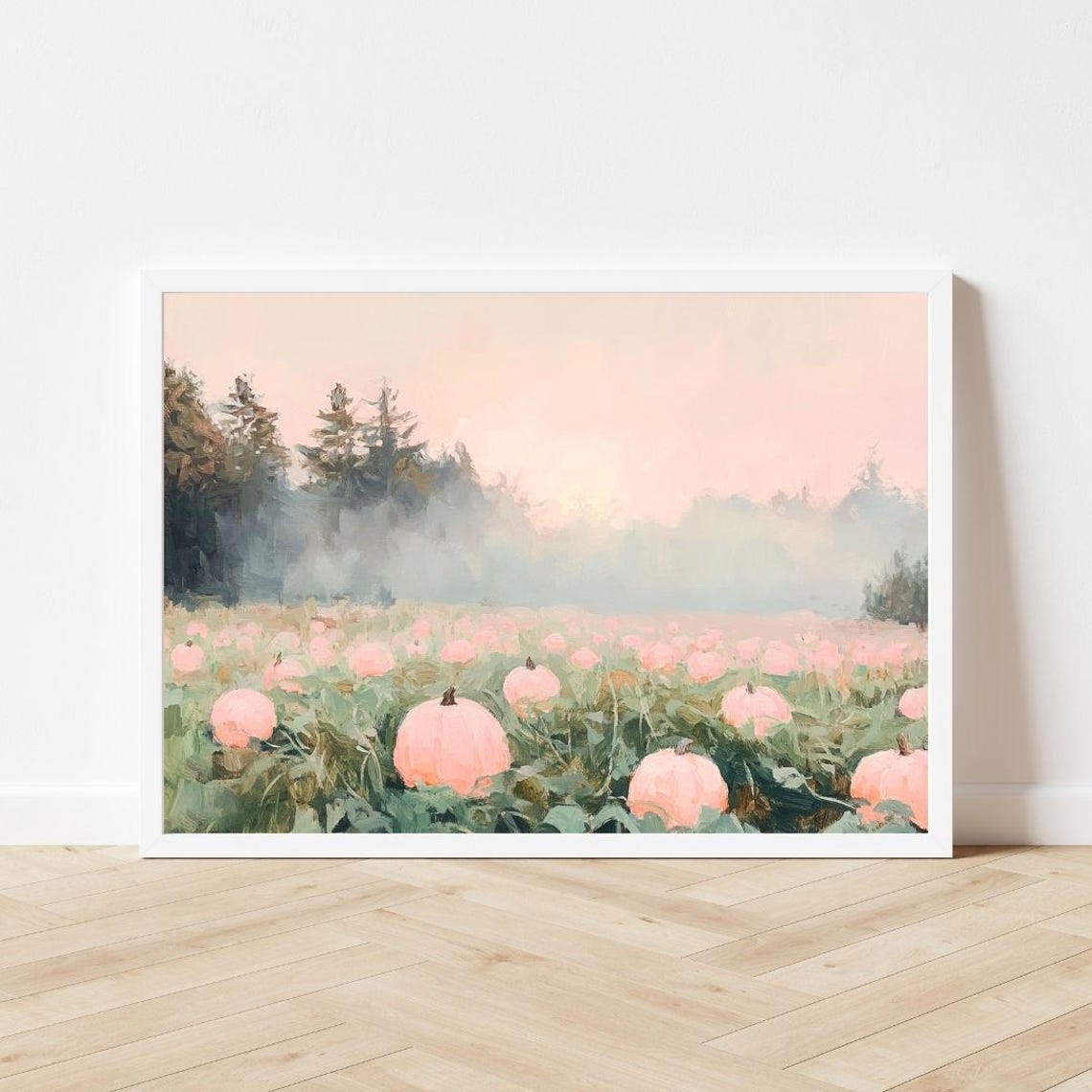 Foggy Pink Pumpkin Patch Autumn Field Misty Fall Harvest Art Poster - Image 3