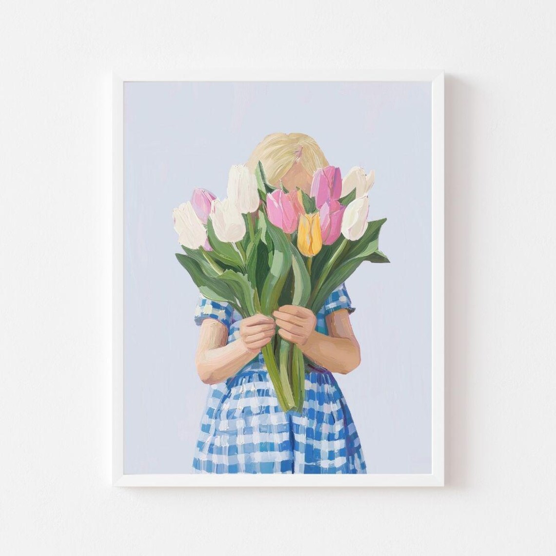 Blonde Girl Holding Tulip Bouquet Hiding Face Spring Painting Poster