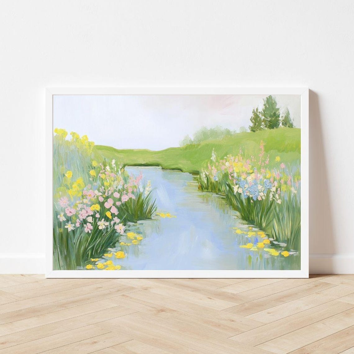 Spring River With Wildflowers Pastel Meadow Landscape Poster - Image 3