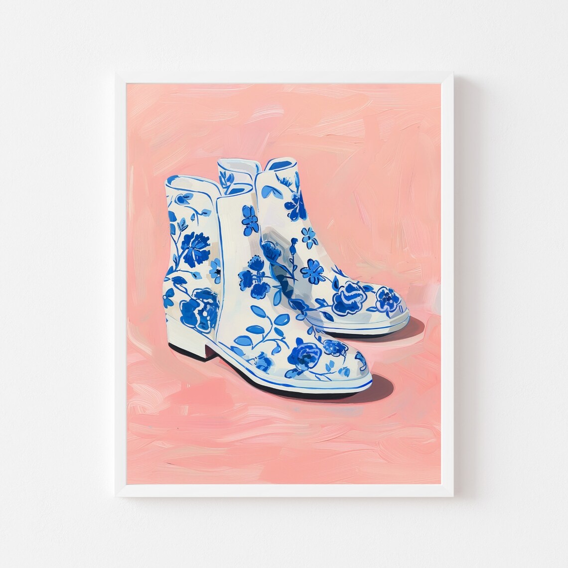 Blue Floral Boots, Retro Vintage Delft Art Print