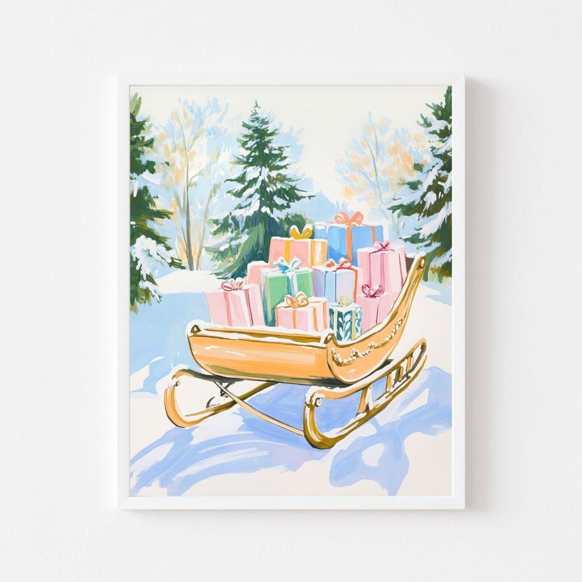 Golden Sleigh Full of Pastel Wrapped Gifts Christmas Radiant Poster